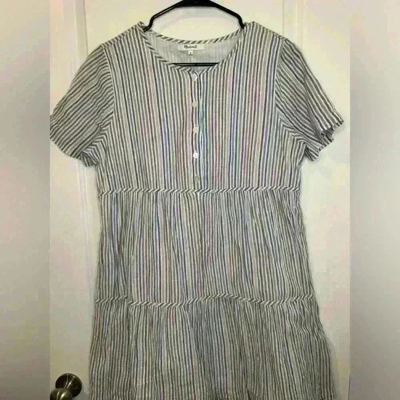 Madewell Striped Crewneck Button Front Tiered Mini Dress Size Medium - Picture 6 of 11